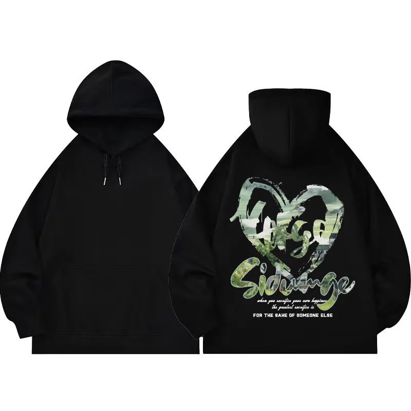 تصميم على شكل قلب، نمط طباعة المناظر الطبيعية، هوديي فضفاض غير رسمي متعدد الاستخدامات، بلوفر مريح من القطن