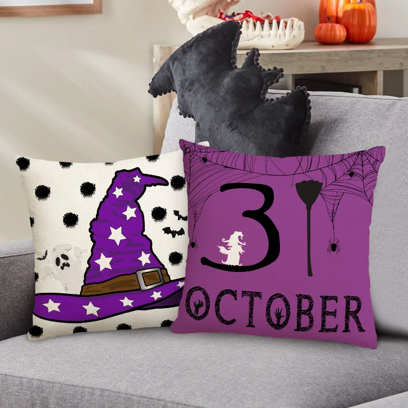 

Halloween Linen Pillow Cover 45x45cm Set Of 4,Pumpkin Bat Spider Ornament Throw Pillow Cover Holiday Cushion Case for Sofa Couch