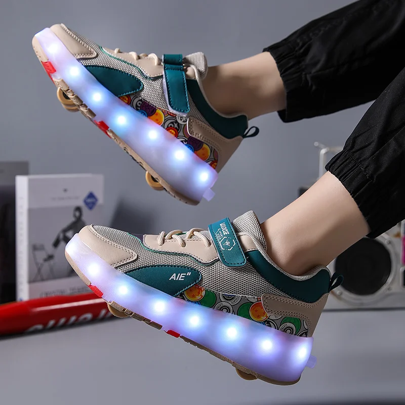 Youth Roller Shoes With 4 Wheels Retractable LED Lights Running Children Street Flashing Deformation Fashion Casual Skate Shoes view 6