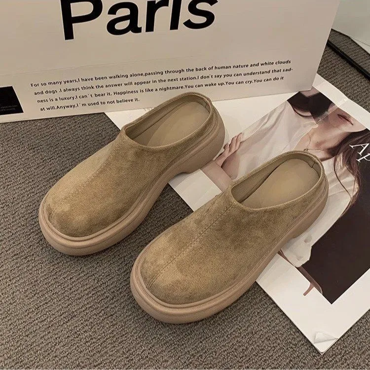 Khaki Slippers Women Shoes Casual Mules Slippers Flat Cover Toe Slides Platform Loafers Comfortable Versatile Women Pantofle 40