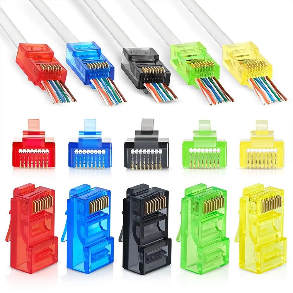 AMPCOM Colorful Pass Through RJ45 Connectors CAT6 CAT5E EZ Modular Plug 3U Gold Plated for Solid and Standard Lan Cables 100Pcs