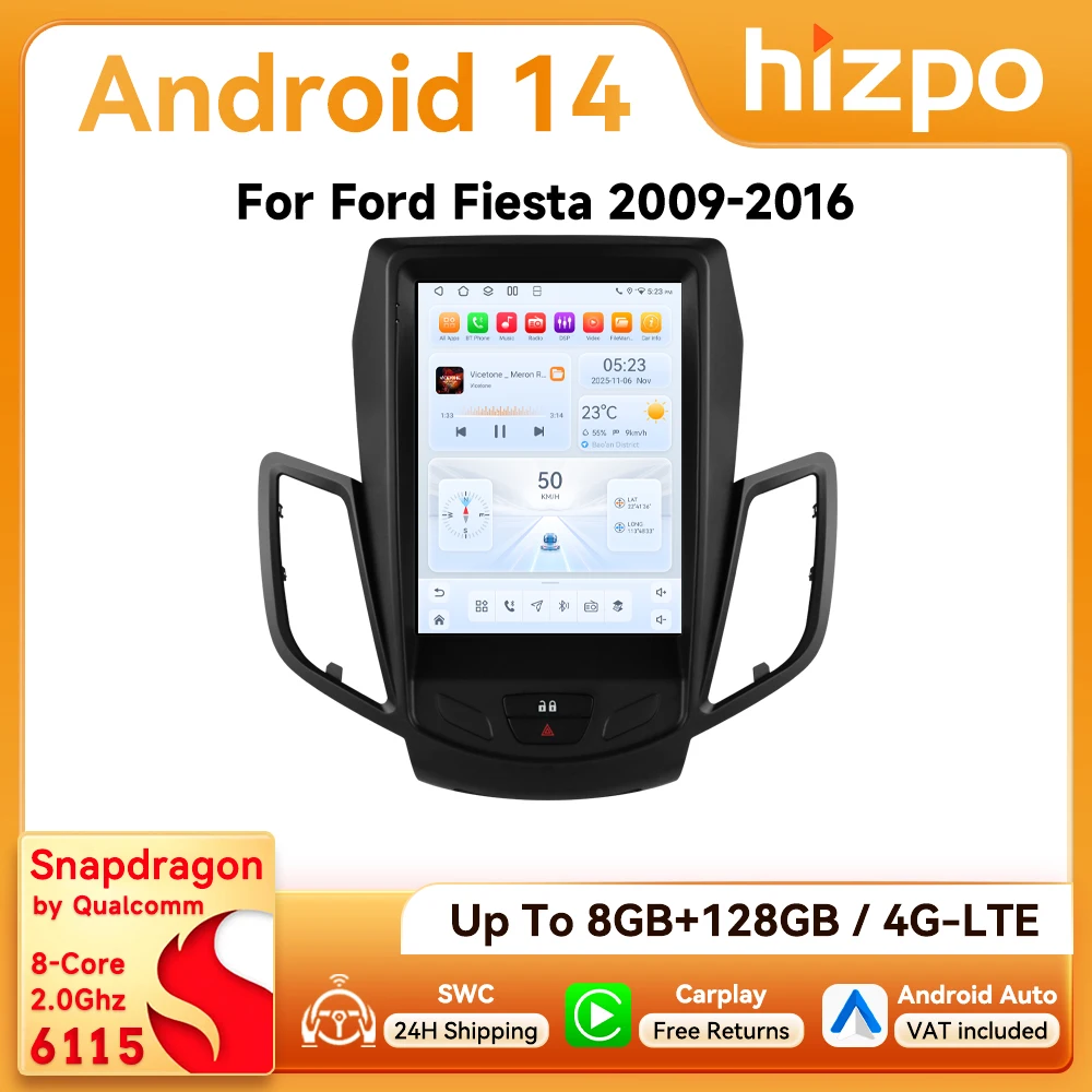 Autoradio Android Hizpo 2Din 9,7 pouces pour Ford Fiesta 2009 - 2016, écran style Tesla, 4G BT Auto CarPlay GPS Navi RDS DSP SWC 360 ° CAM