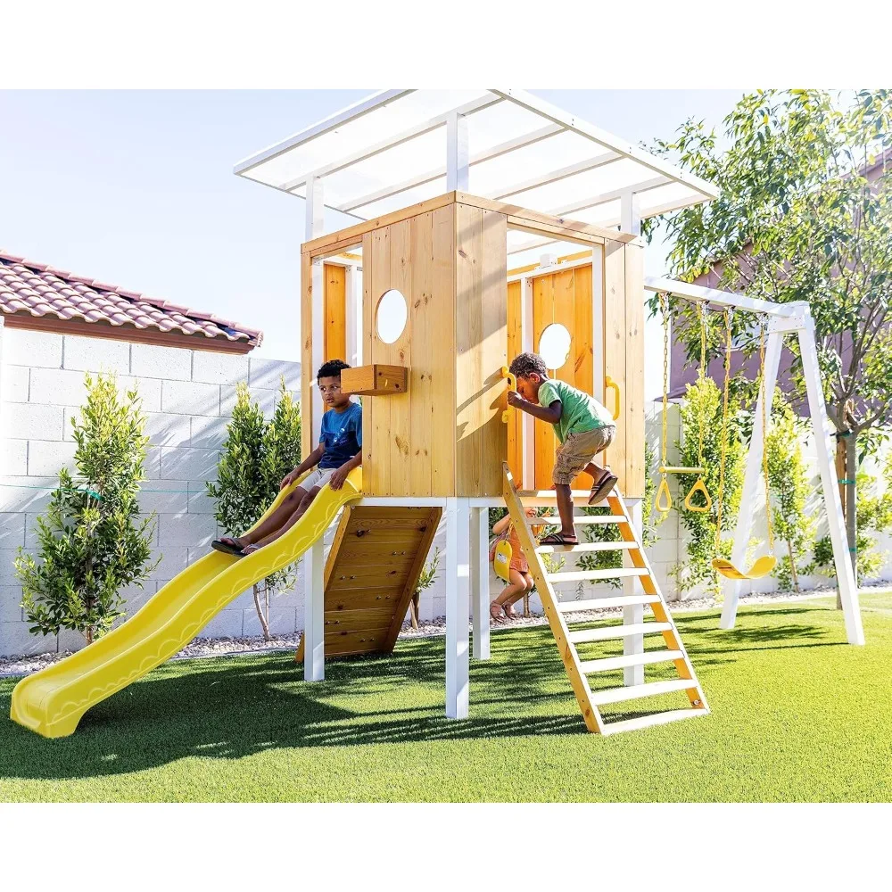 Modern Outdoor Backyard Swing Set Children's Rock Climbing Wood Playground Playset 2 Belt Swings, Clubhouse Fort, Amusement Park