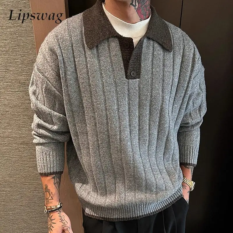 

Stylish Contrast Color Lapel Polo Sweaters Men 2026 Spring Fashion Buttoned Polo Shirts Mens Vintage Patchwork Knitted Sweater