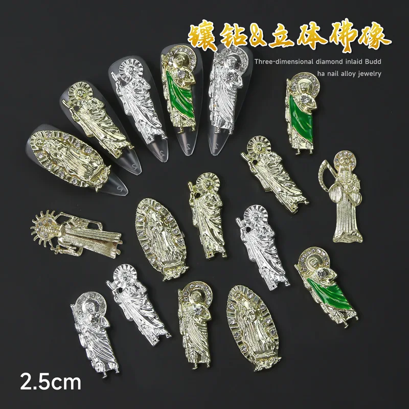 

10pcs 3D Santa Muerte Luxury Nail Art Decoration Charms Gold Alloy Nail Jewelry Rhinestones Crystal Manicure Decor Accessories