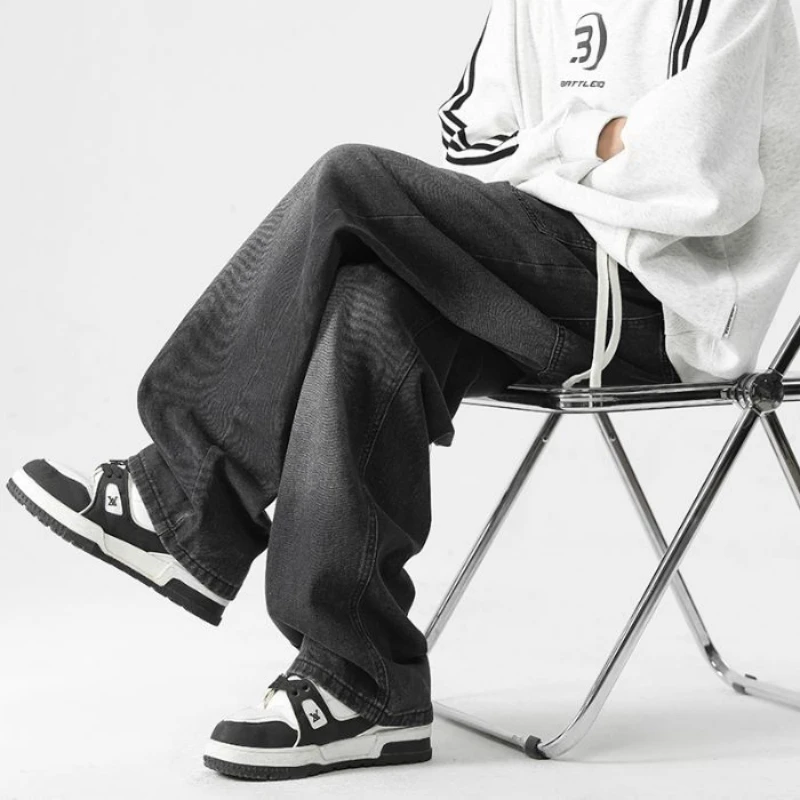 メンズハイストリートジーンズレトロ秋新作カーブドナイフルーズブラックアメリカンワイドレッグパンツカジュアルストレートレッグパンツ