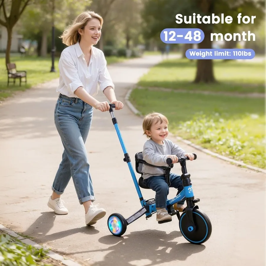 รถสามล้อเด็ก 5-in-1 สำหรับเด็กวัย 1-3 ปี แปลงเป็นจักรยานเด็กพร้อมที่จับสำหรับเข็นและถอดแป้นเหยียบได้ จักรยานทรงตัวพร้อมไฟหลากสี