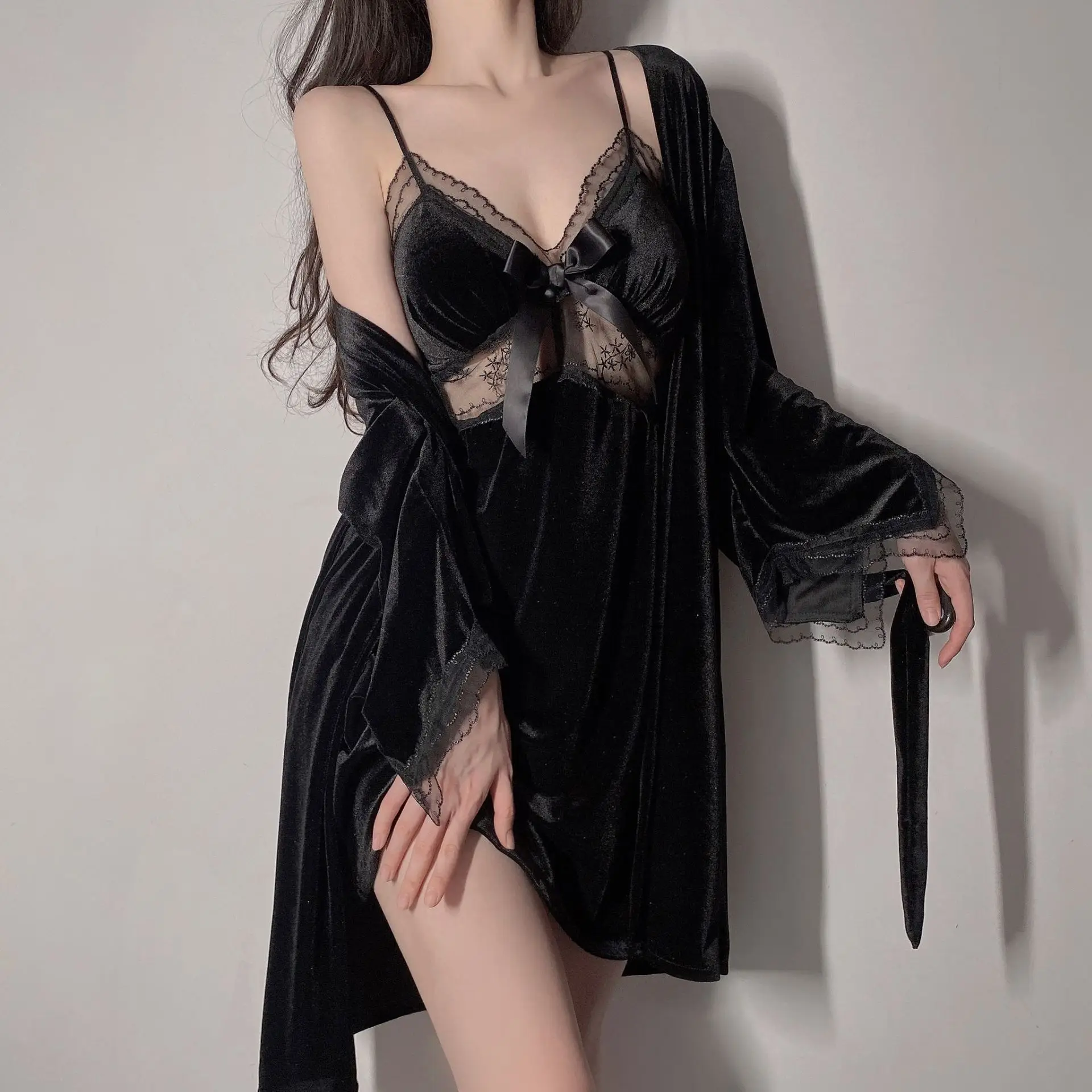 Bow Applique Robe Gown Set Womens Sleepwear Nightgown Casual Velour Kimono Bathrobe Nightdress Sexy Home Wear Loungewear