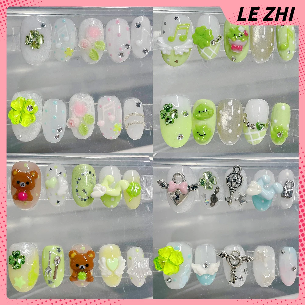 

Kawaii Y2K Rilakkuma Four-Leaf Clover Wings Handmade Short Ellipse Press On Nails Metal Lock Key Flowers Musical Notes Fake Nail