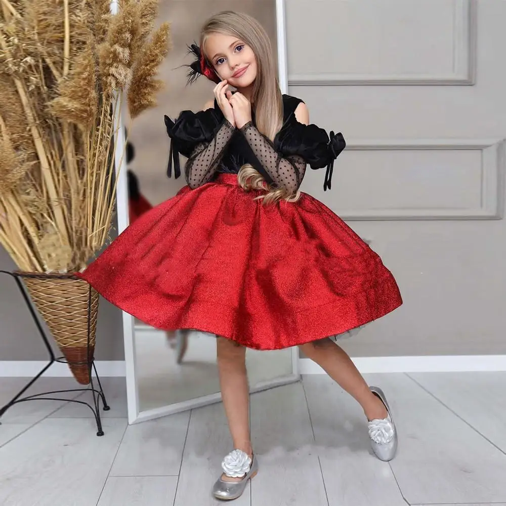 Girls Party Vintage Red Dress Children Evening Ball Gowns Kids Birthday Pageant Vestidos Infant Elegant Bridesmaid Dresses