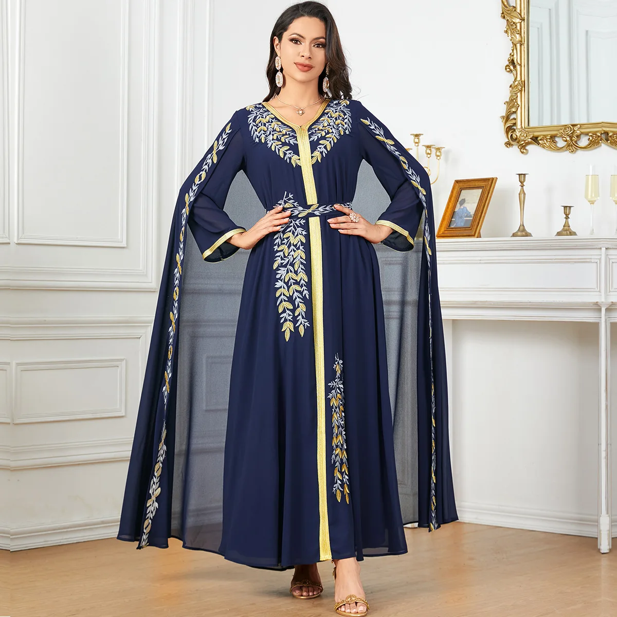 Eid Ramadan Djellaba Embroidery Cloak Cape Maxi Dress Set For Women Muslim Evening Party Gown Dubai Abaya Morocco Kaftan Robe