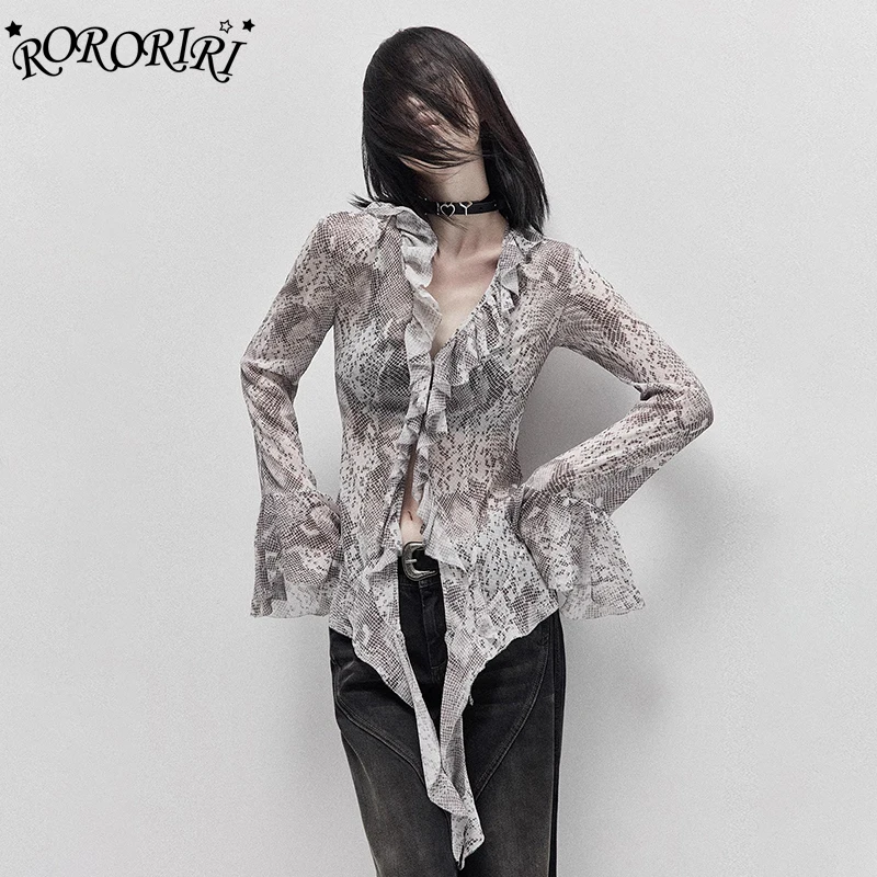 

RORORIRI струящаяся шифоновая блузка с нерегулярными рюшами, топ, женская рубашка в стиле ретро с v-образным вырезом и расклешенными рукавами, тонкая прозрачная рубашка, элегантная осенняя одежда
