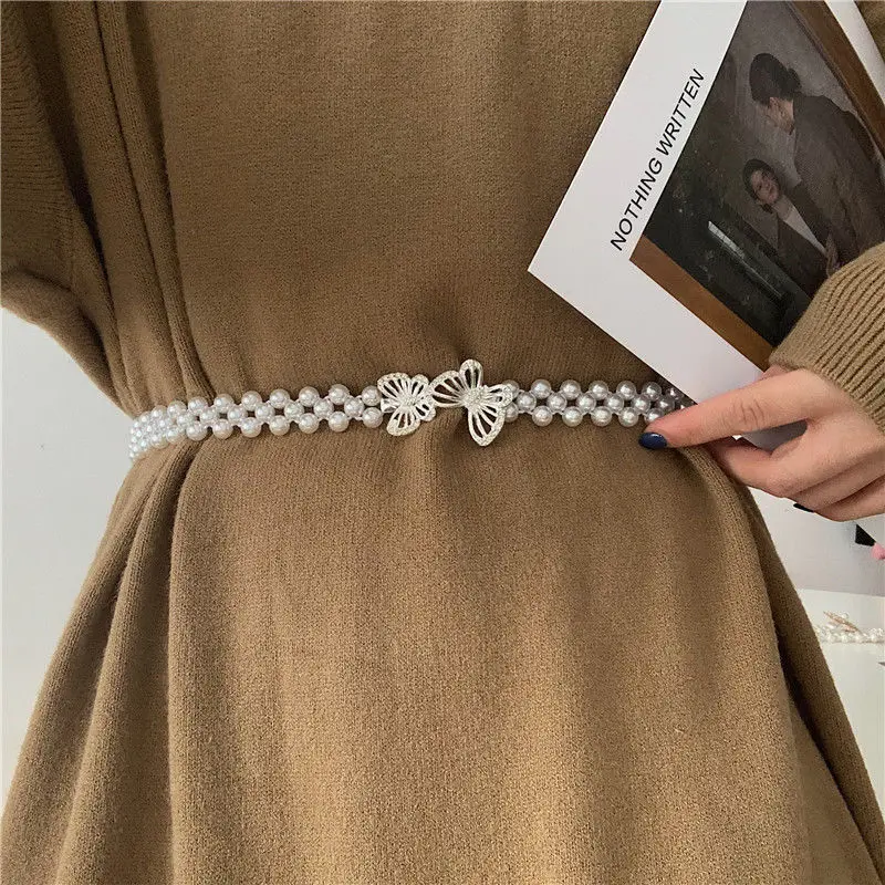 

[Meimeier] Pearl Belt Thin Waist Chain Women's Elastic Waistband Belt Female Ornament Skirt Korean Style Stylish Simple and Vers