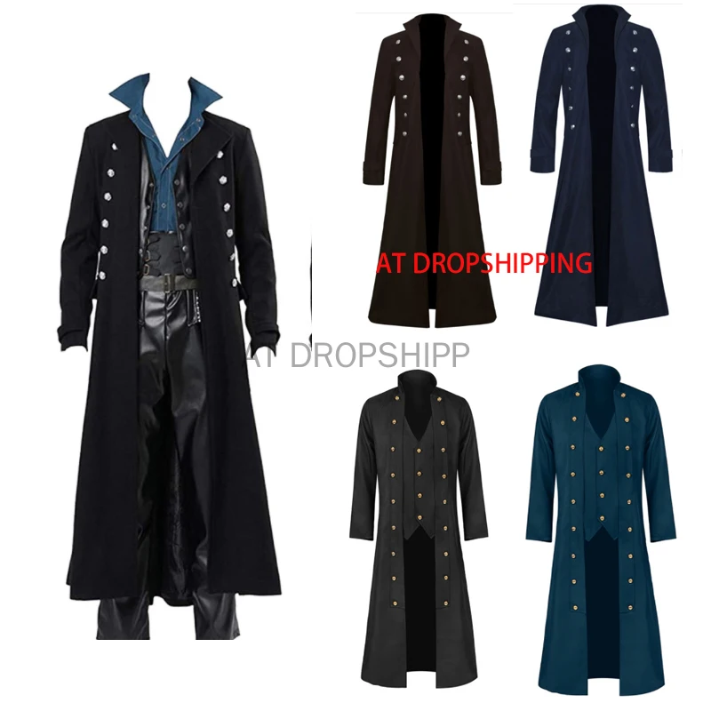 Medieval Renaissance Men Long Coat Trench Cosplay Costume Middle Ages Retro Court Nobles Clothes Black Red Brown Jacket S-5XL