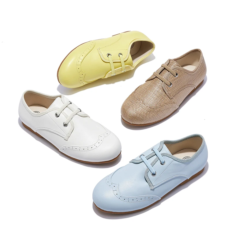 S-AP8-003 Dress Shoes For Kids  White Leather Brown Burlap Decorative Laces Classic Design Shoes New Spring