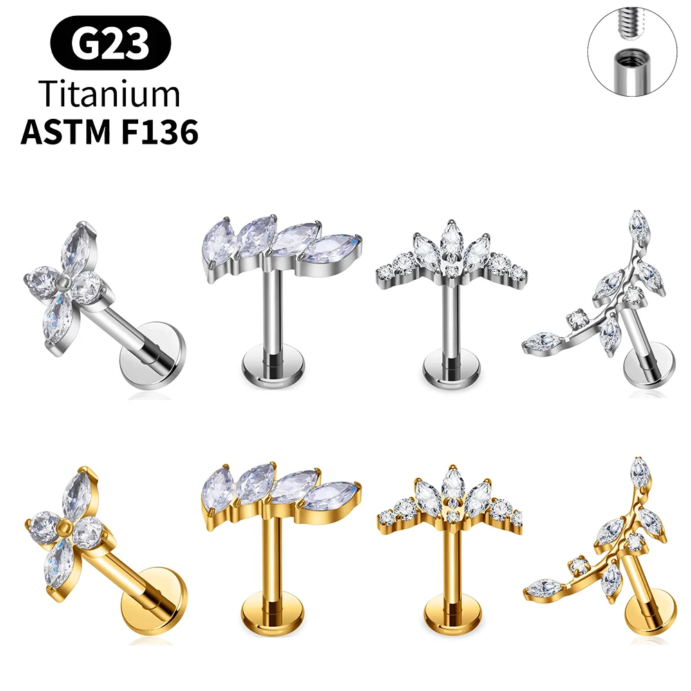 Set de Joyería para Piercing de Titanio con Diseño de Hoja y Flor, Roscado Internamente, para Helix, Tragus, Septum, Conch, Vertical, Medusa, Monroe y Labret