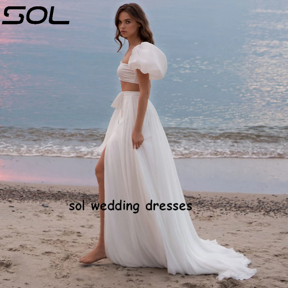 Sol zwei Stücke einfaches Strand hochzeits kleid für Frauen Laternen ärmel Chiffon Brautkleid hoher Schlitz vestido de novia