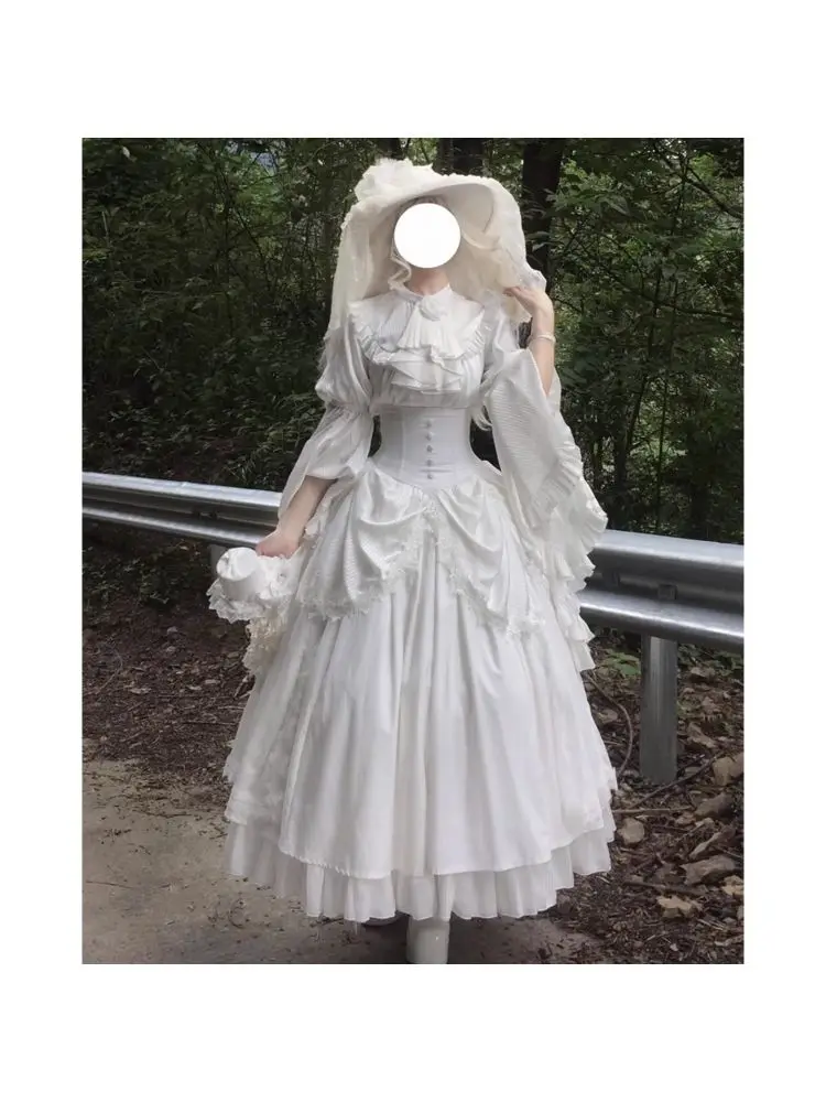 

Halloween White Lolita Gothic Style Fishbone Halter Skirt Long Dress Two Piece Set Women High Waist Long Sleeve Shirt