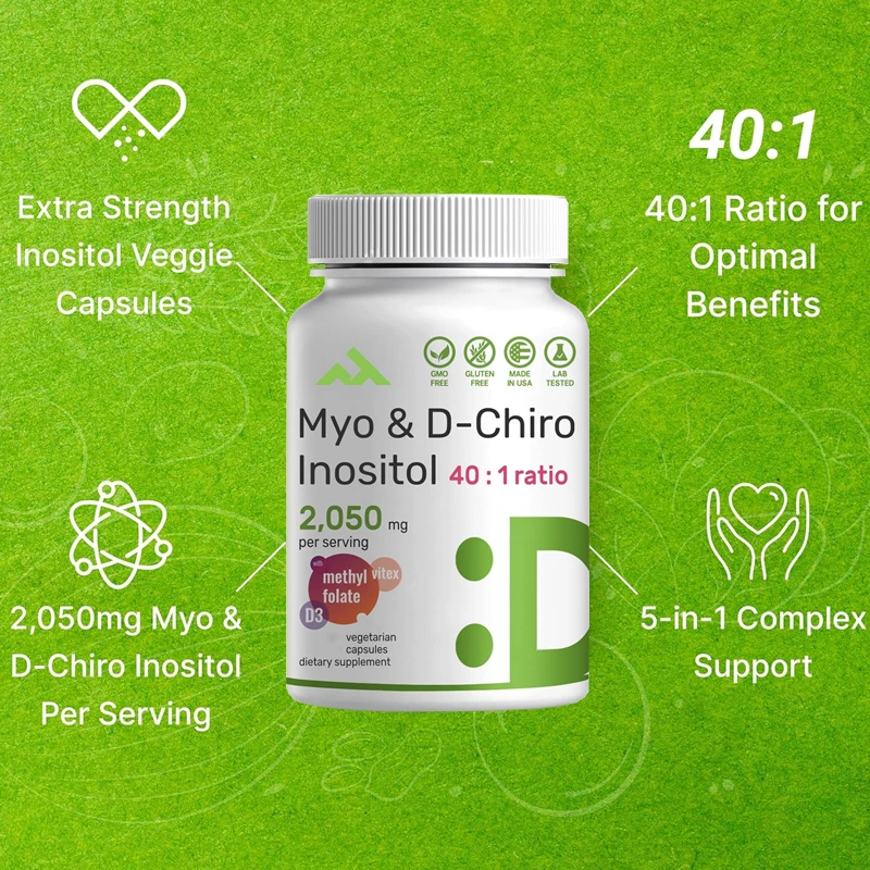 Suplementos Inositol y D-Chiro Inositol (40:1) - Contiene ácido fólico, vitamina D3, y complejo Vitex - Sin OGM