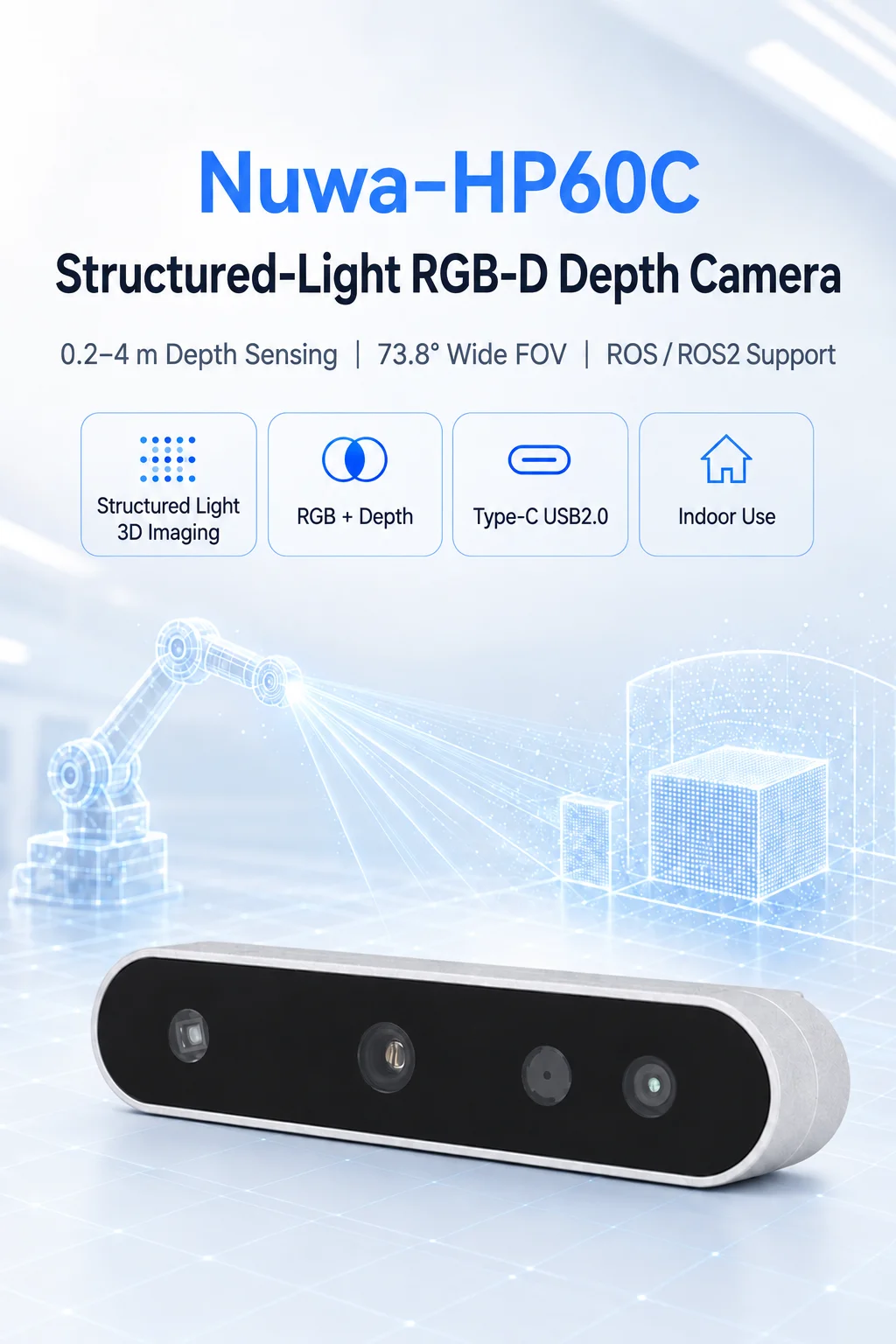 Nuwa-HP60C RGB 3D-Tiefenkamera Strukturierte Lichtbildgebung USB 2.0 FOV 73,8° ° 0,2-4M für Raspberry Pi ROS Roboter-Hindernisvermeidung – Detail 1