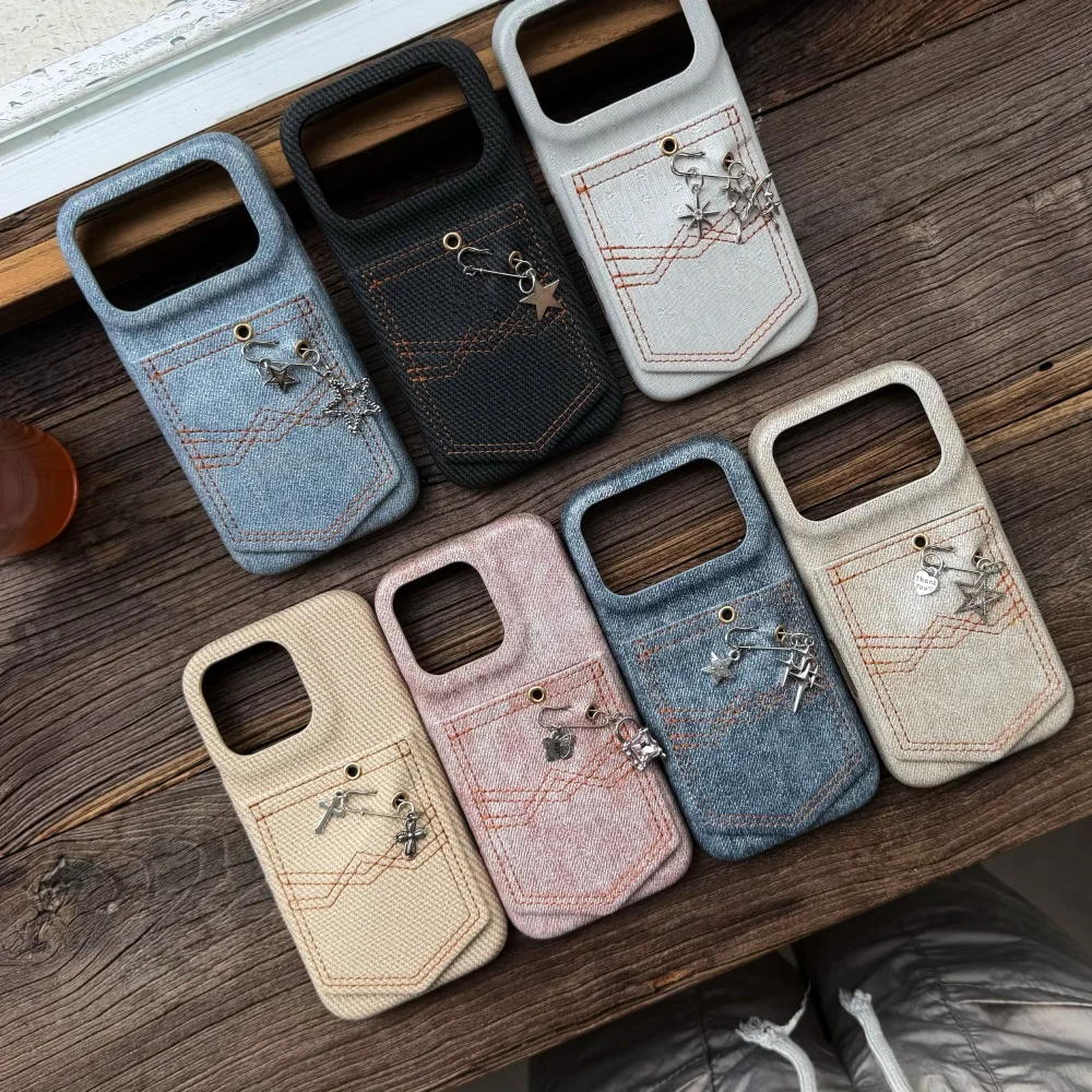 Denim Texture Card Holder Phone Case With Metal Star Charm Pendant for iPhone 17 16 15 Pro Max Shockproof Protective Cover