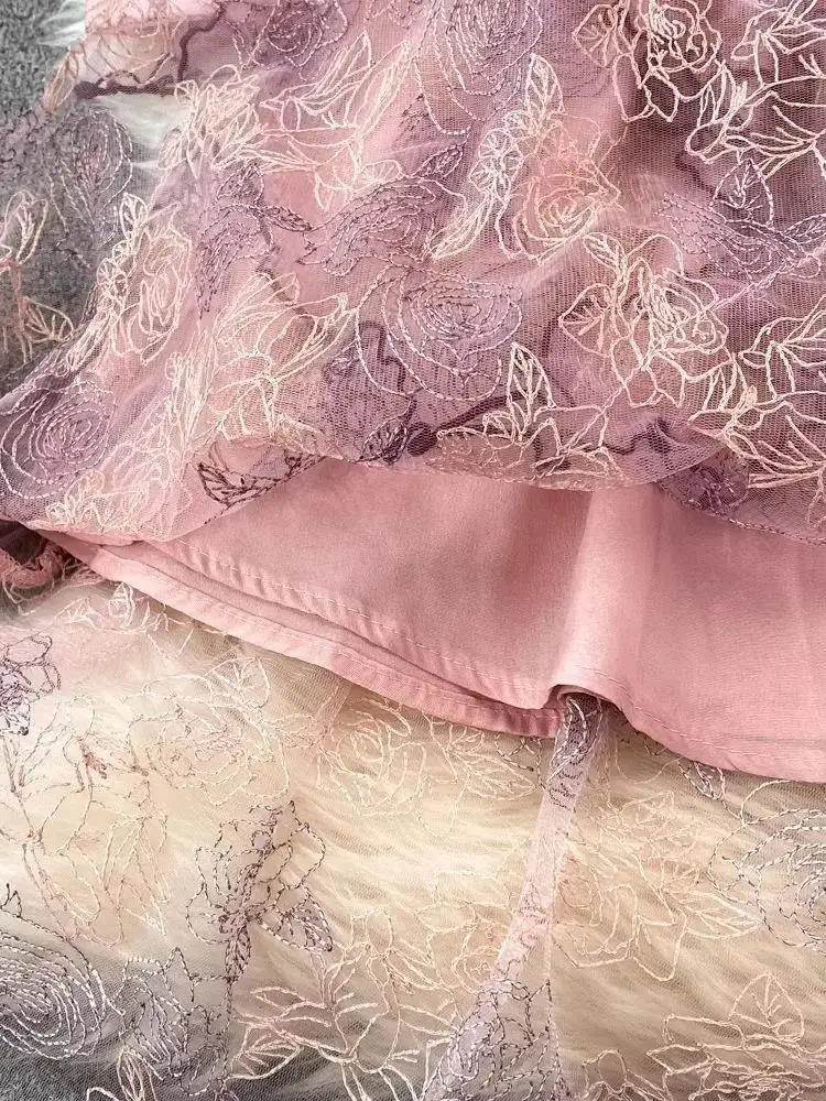 Women's Beading Pearls Long Sleeve Floral Tulles Mesh Dresses Spring Summer Elegant Flower Embroidery Evening Party Vestidos