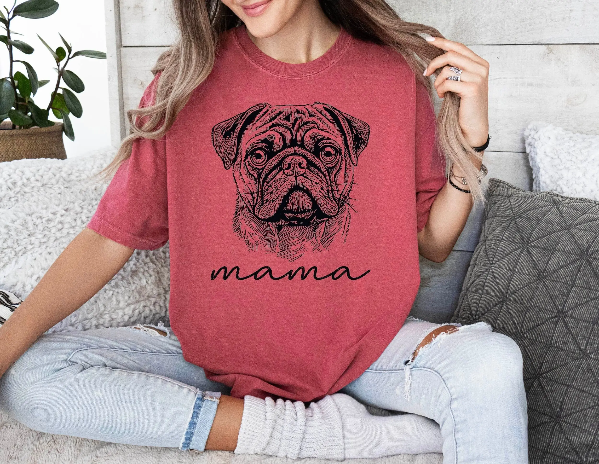 Футболка с надписью «Pug Mama», удобная, с изображением собаки-мопса, женщины, любимой мамы