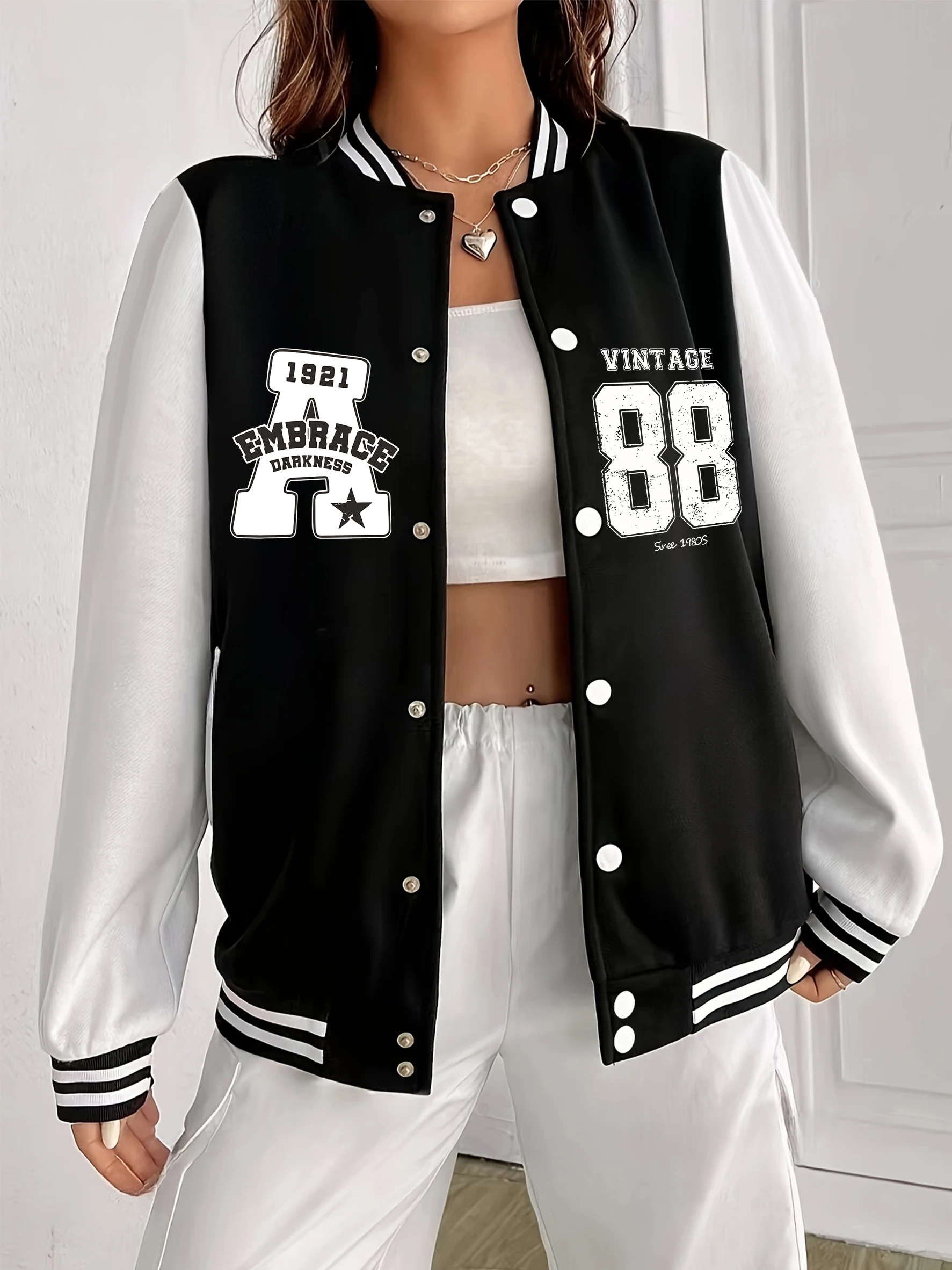 

Embrace Vint Age 88 Print Women Jackets Oversized Autumn Baseball Uniform All-Match Fleece Clothes American Button Coats