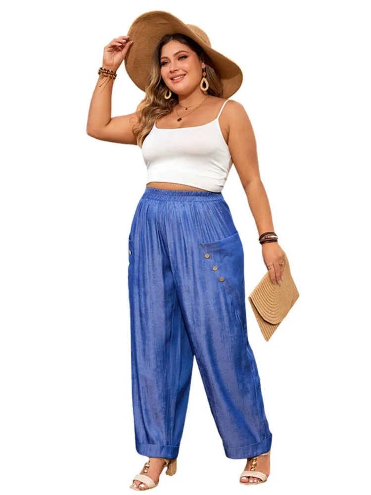 Plus Size Spring Summer Long Pant Women Elastic High Waist Casual Modis Ladies Trousers Loose Pleated Korean Woman Wide Leg Pant