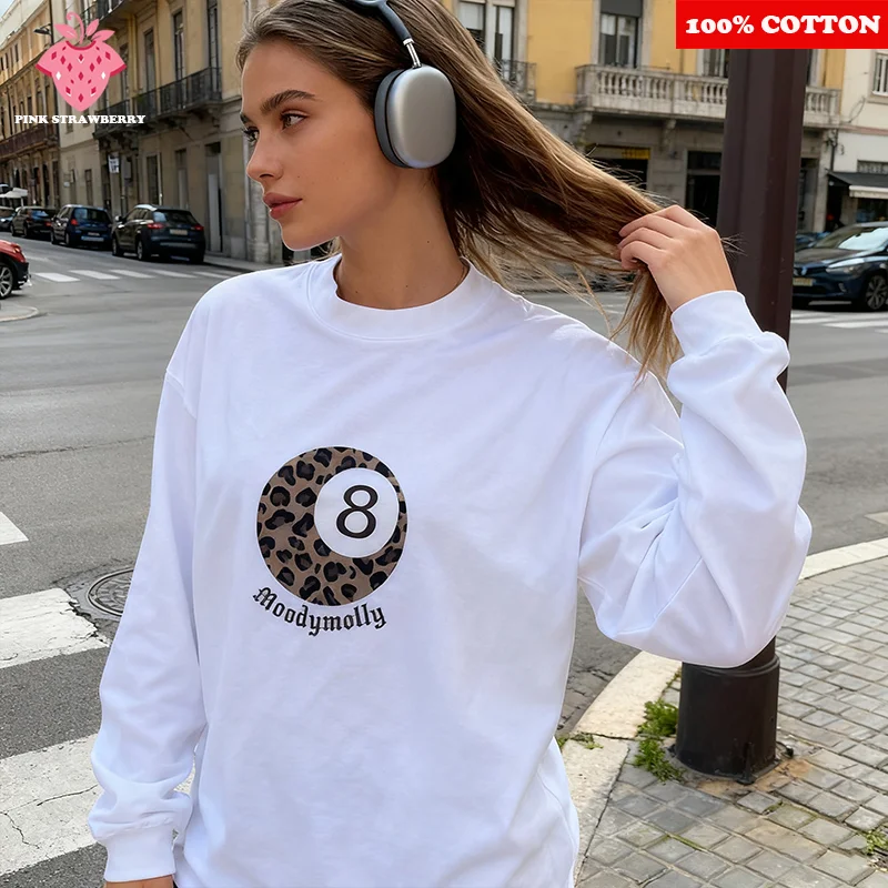 Leopard billiards Print T-shirt Women Men 2025 Autumn New 100%Cotton White Long Sleeves Oversize T-shirt Y2k Top Ladies clothing