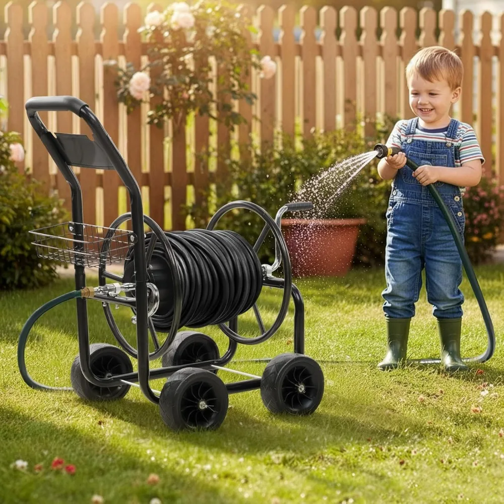 VINGLI 300FT 5/8in Garden Hose Reel Cart 4-Wheel Portable Rust Resistant Hose Reel Cart with Storage Basket for Yard Garden Farm