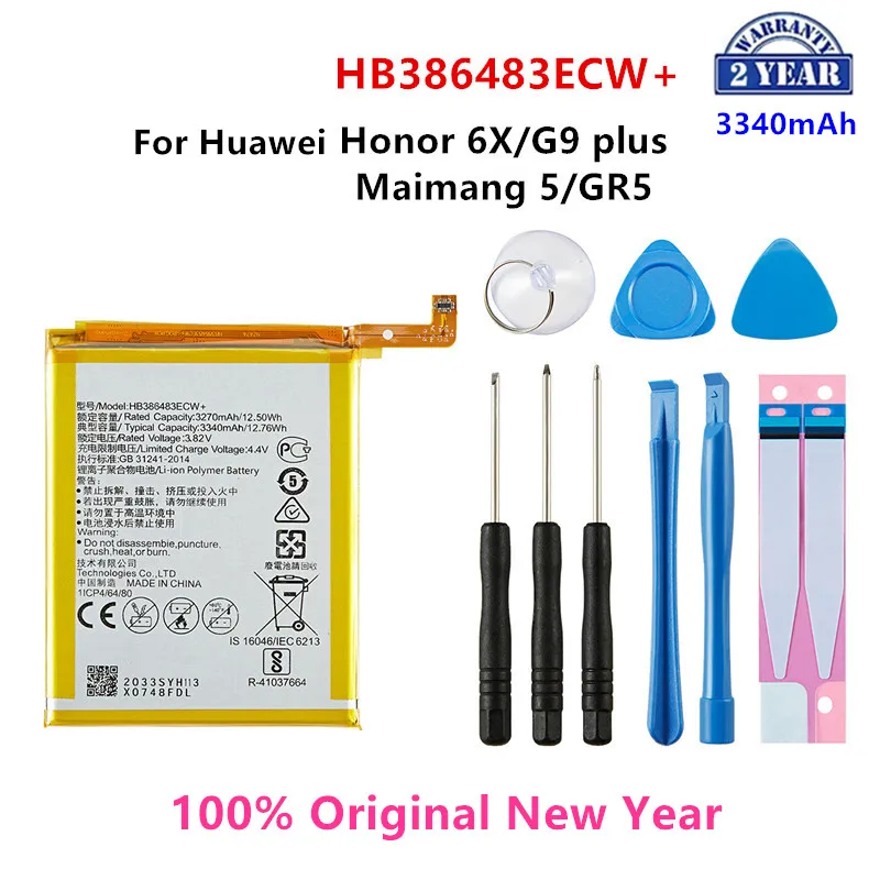 

100% Orginal HB386483ECW+ 3340mAh Battery For Huawei Maimang 5 Honor 6X G9 plus GR5 2017 MLA-AL00/AL10 Batteries +Tools