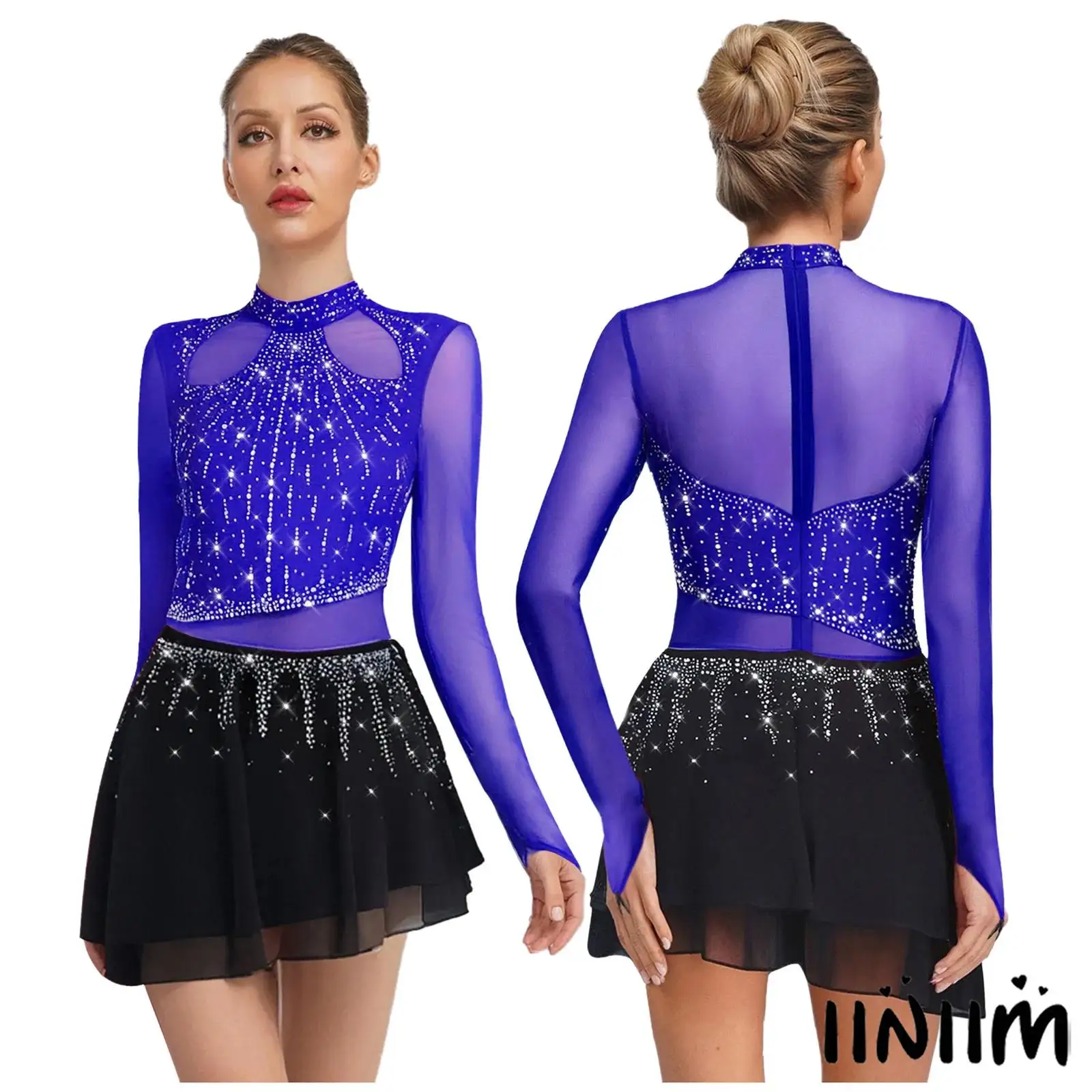 

Womens Lyrcial Modern Dance Leotard Dress Rhinestone Long Sleeve Chiffon Skirt Dress Figure Skating Dance Performance Clothes