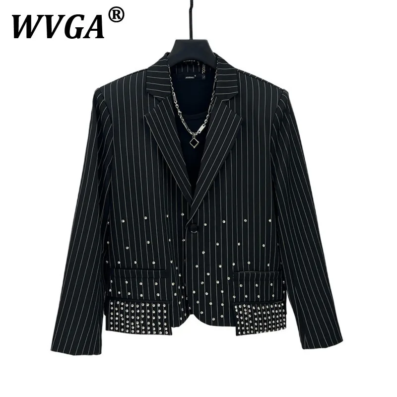 

WVGA Spring Autumn New Man Tide Trendy Niche Diamond-Studded Striped Fashion Short Blazer Chic Casual Straight Suit Pants W8919