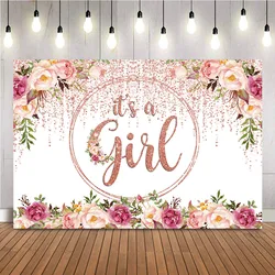 It's a Girl Backdrop Baby Shower Pink Flowers Photo Background Rose Gold Gltiter Shining Dots Gender Reveal Theme Party Decor