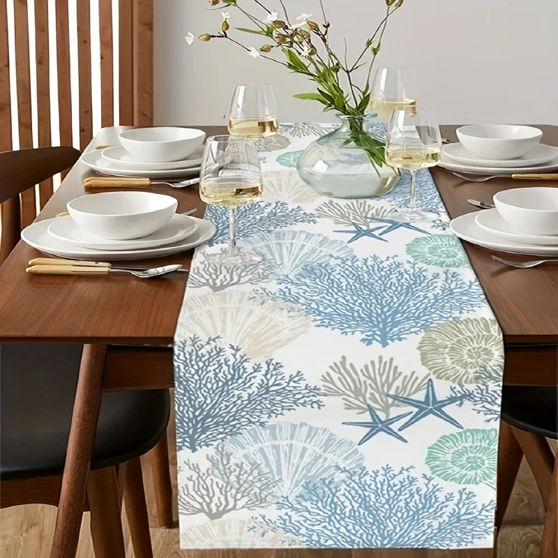 1pc Linen Long Tropical Ocean Beach Sea Water Table Runner，for FamilyDinner, Wedding, Outdoor Indoor Party  Table Decor