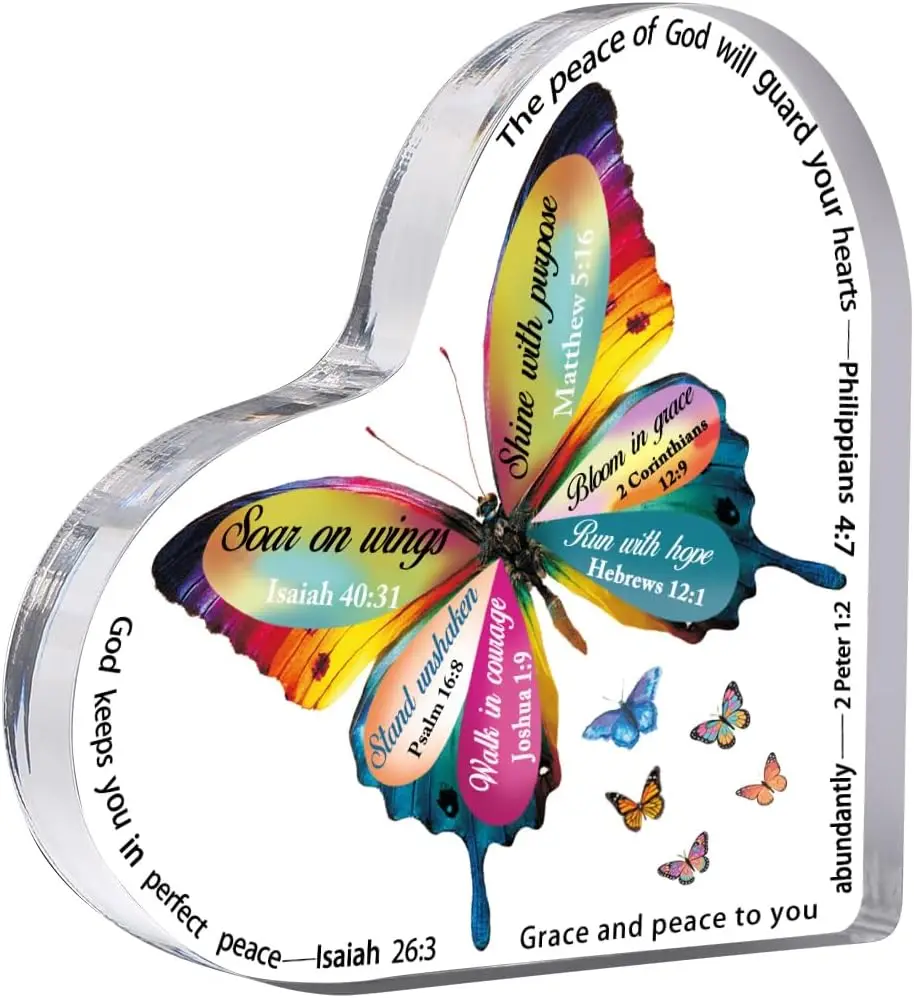 Faith Grace Hope Theme Clear Acrylic Heart Plaque, Bible Quotes Printed On Butterfly Wings Condolence Encouragement Table Present