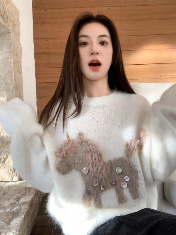 

Warm Soft round Ne Pullover Knitted Sweater Women's Autumn Winter New Sle Glittering Pattern Loose Fit Top