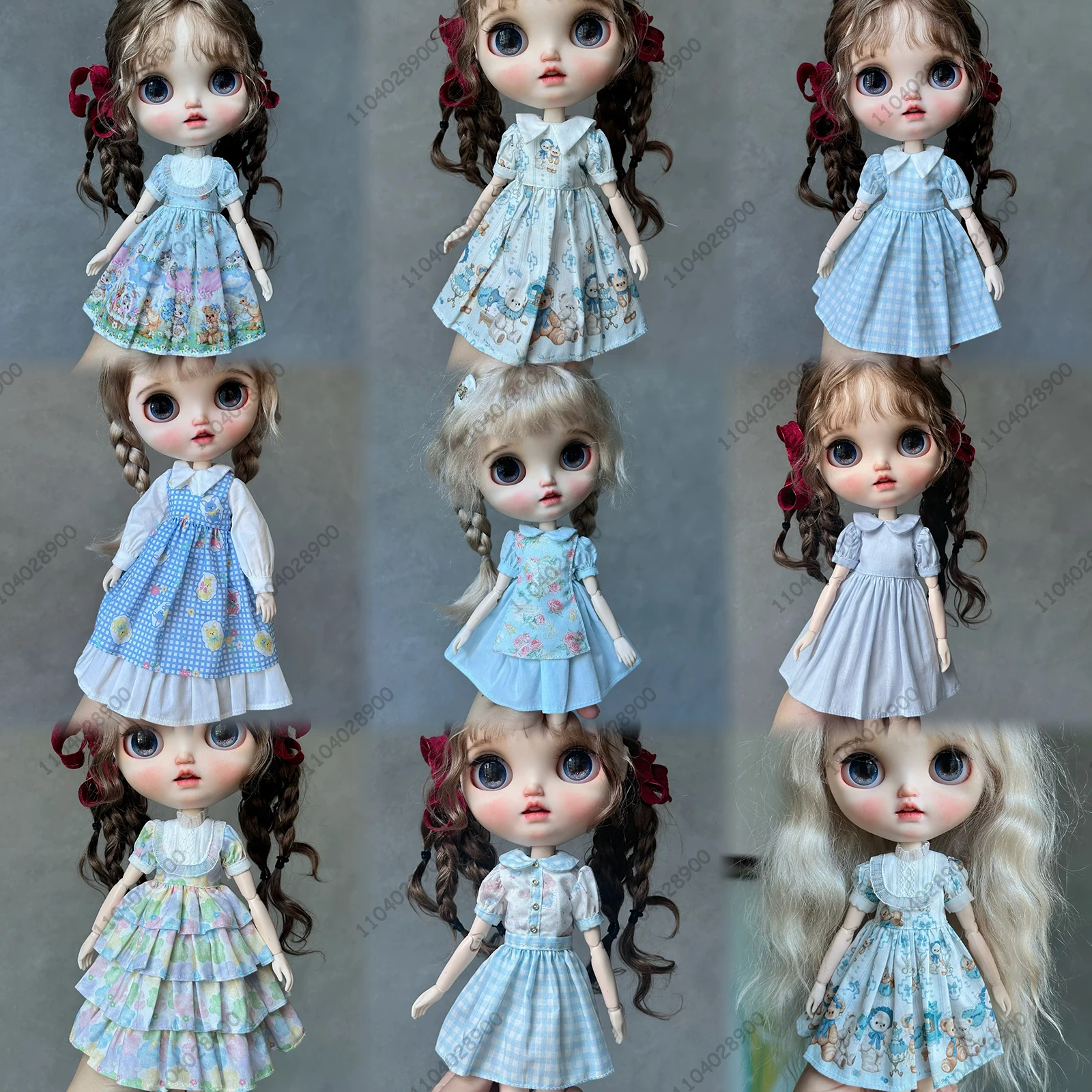 Dress for Blythe Doll 30CM 1/6 Doll Clothes Azone Blue Patterned Dress Peter Pan Collar Princess Refreshing Cottagecore Plaid