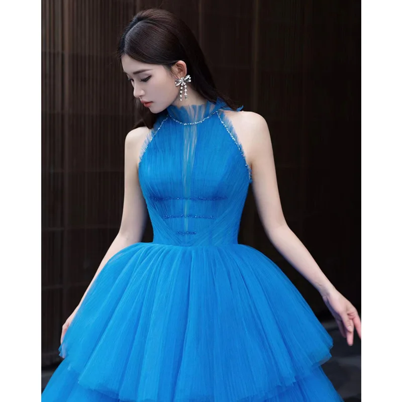 Customized Blue Ball Gown Tiered Wedding Dresses Tulle Sleeveless Sequins Bridal Gowns Formal Vestido De Noiva robe mariage