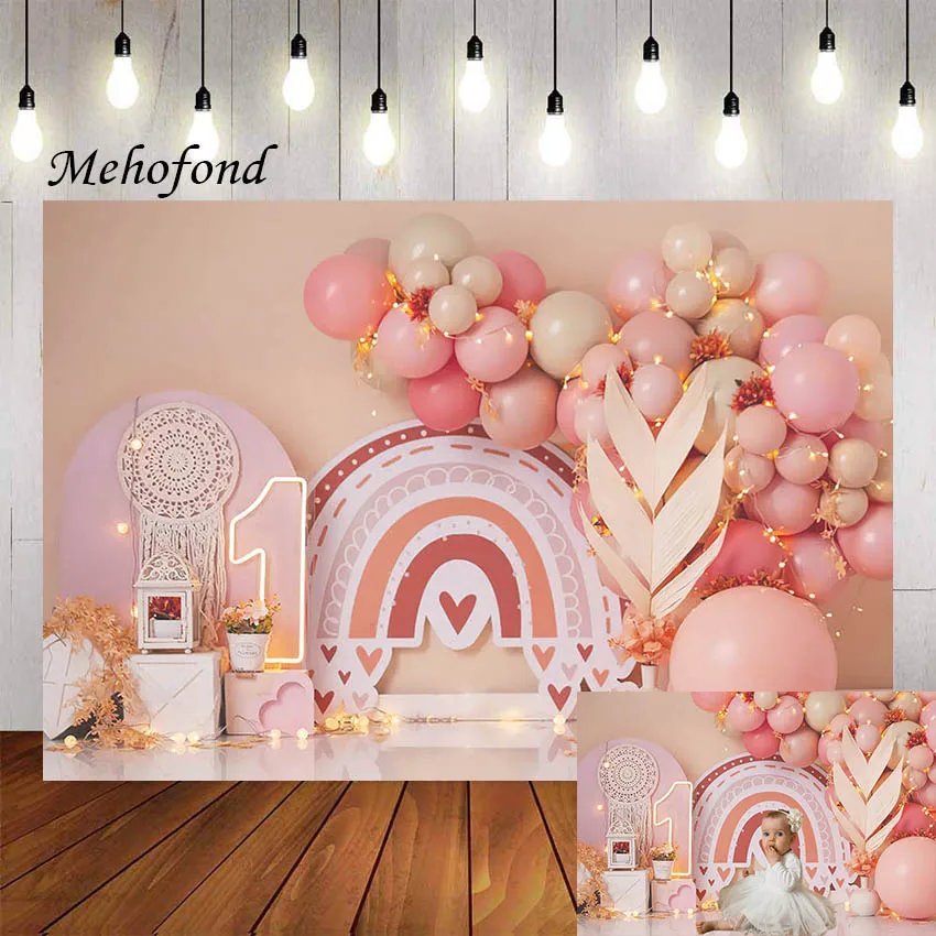 

Mehofond Photography Background Bohemia Rainbow Pink Balloons Girls 1st Birthday Party Cake Smash Decor Backdrops Photo Studio