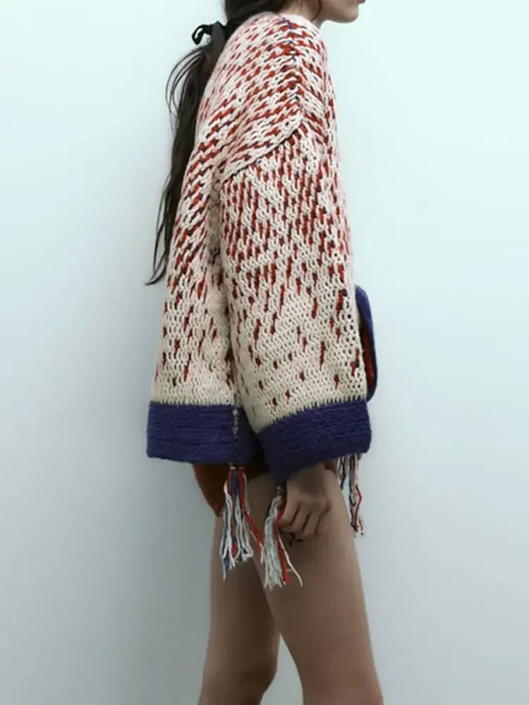 Fashion Contrasting Women Knitted Cardigan Loose Single Breasted V-neck Tassels Sweater 2023 Autumn Female Warm Chic Knitwear