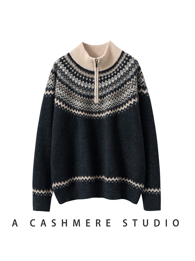 

CHICUU Women's 100% Cashmere Sweater Vintage Style Thickness Zipper Pullover Autumn Winter Cashmere Knitwear Soft Warm Tops