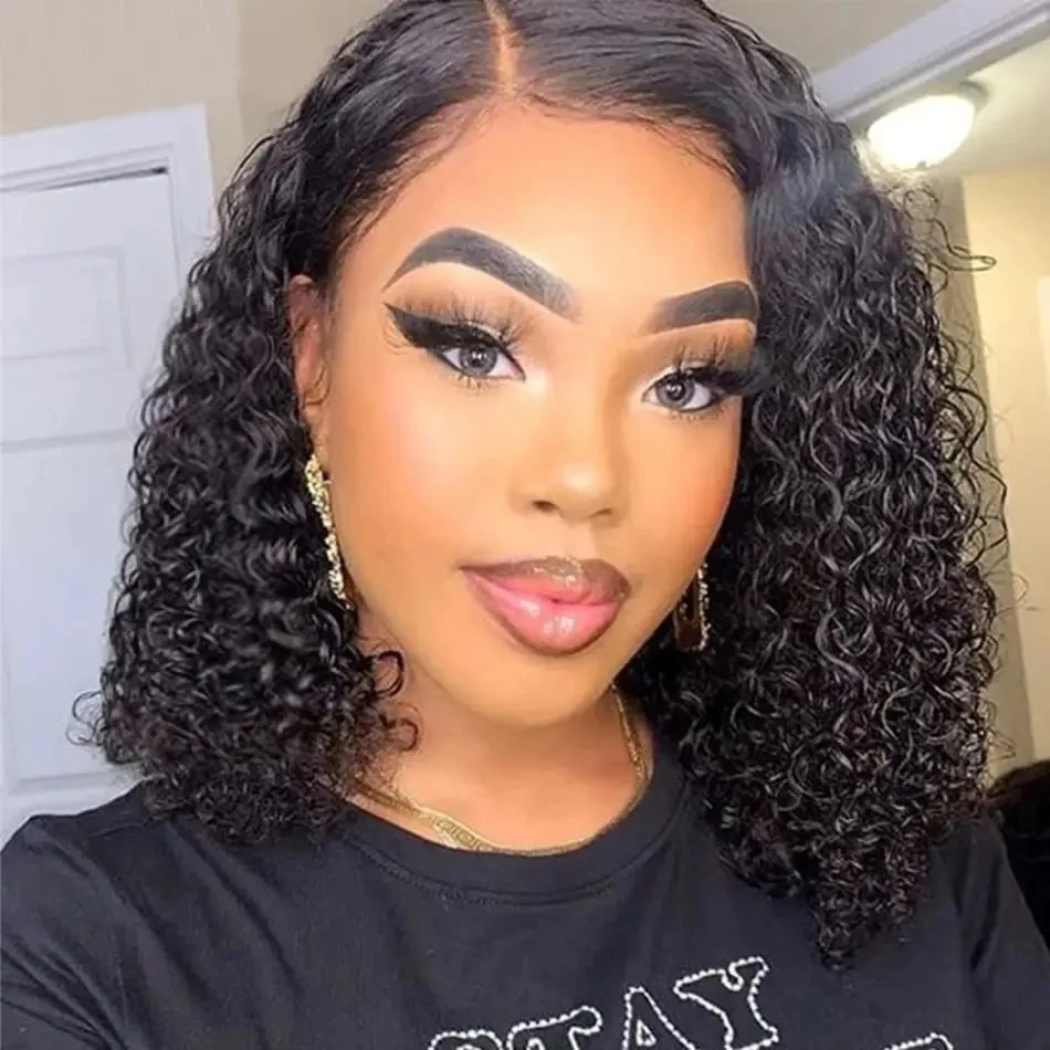 Perruque Bob Lace Front Wig naturelle bouclée, cheveux humains, Deep Wave, 13 age, 8 10 12 14 16, 180 de densité