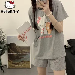 Sanrio Hello Kitty Cotton Home Clothes Cute Women Short Sleeve T-shirts Loose Shorts Summer Pajamas 2 Piece Set Y2k Sleepwear