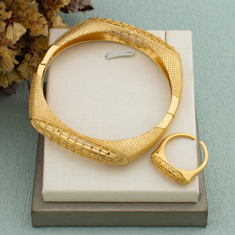 

african jewelry set Geometry Square Design Bangle Ring Unique Women Gold Color Bracelet Ring Jewelry Set Christmas Birthday Gift