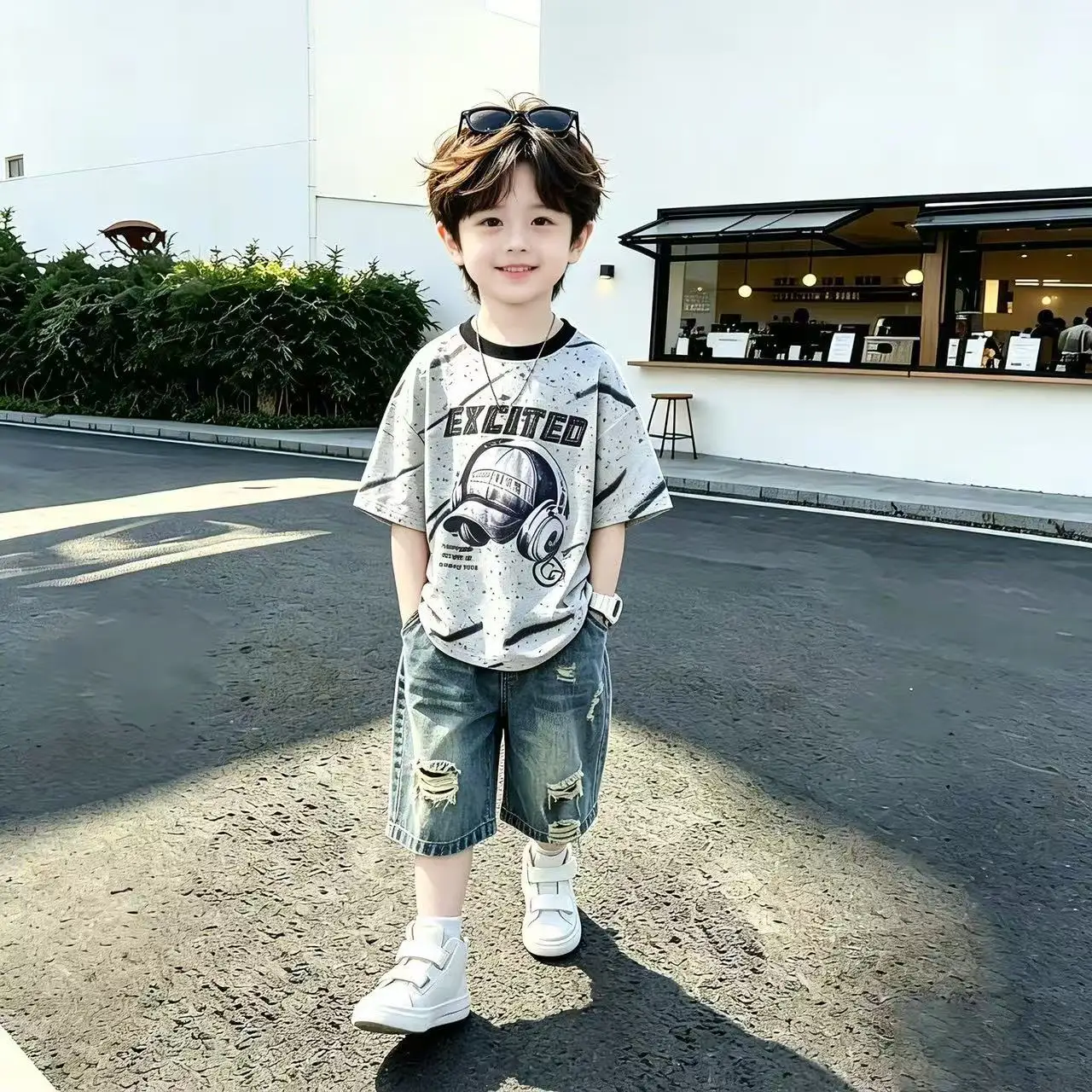 Tide Cool Korean Fashion Hat Pattern Short Sleeve Shirt+Pole Jean Short 2pcs Set Baby Boys Clothes Kids Street Explosion Outfits