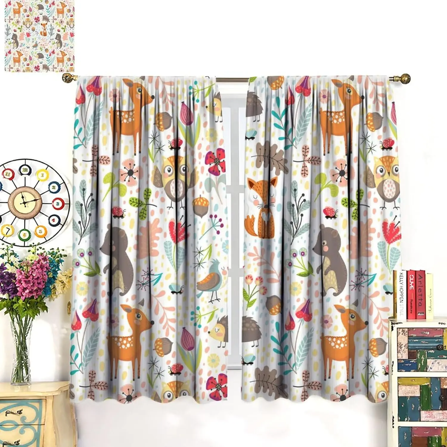 Cortinas "Woodland Tales" – Desenhos Animados de Urso, Cervo e Raposa em Fundo Floral, Cortinas com Bolsos para Varão para Quarto Infantil ou Berçário (21x45in)