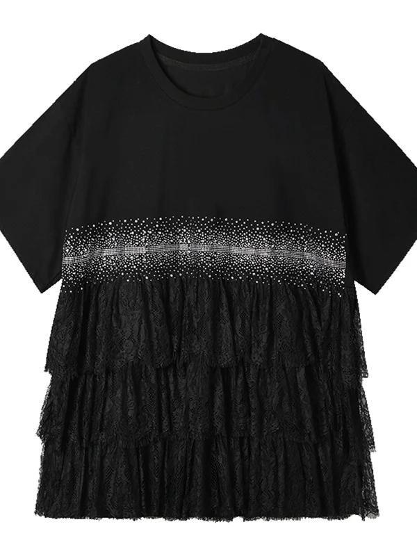 Lässiges Spitzen-Splice Ort Sve Damen-T-Shirt, Sommer, neues Sle Ele-Design, rundes, mittellanges, lässiges Top für Damen