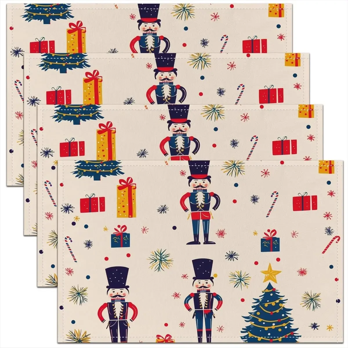4/6pcs Nutcracker Royal Guard Christmas Tree Snowflake Print Single-Sided Kids Placemat Set for Holiday Table Decor
